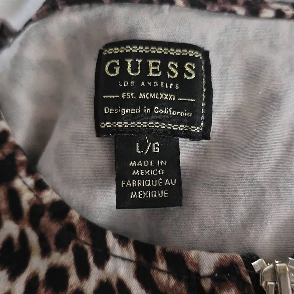 Guess Women's Size Large Tan Black Cheetah Print Cotton Blend Full Zip Jacket